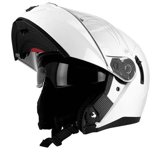 Casque moto modulable blanc brillant avec double écran et ventilation optimisée, homologué pour homme et femme