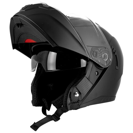 Casque moto modulable noir total mat avec finition carbone et visière solaire, look agressif et sécurité maximale