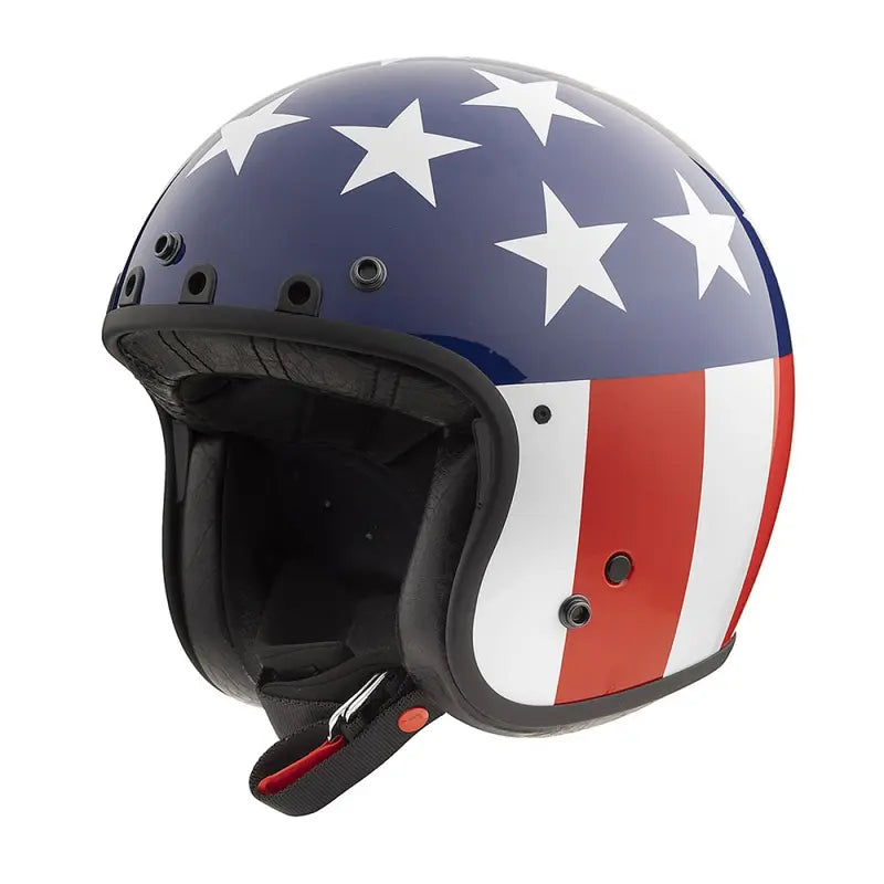 Casque jet Simpson Chopper, design drapeau US vintage, sécurité ECE 2206, finition brillante