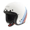 Casque Jet Simpson Chopper blanc brillant, bandes racing tricolores, homologué ECE 2206