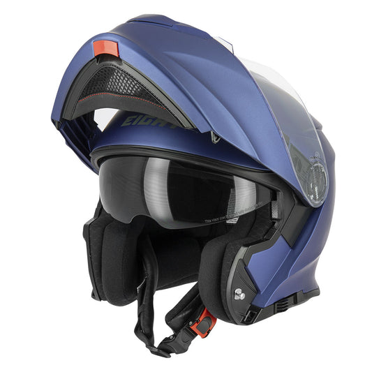 Casque moto modulable bleu mat avec double écran solaire, style moderne et confort pour motards urbains