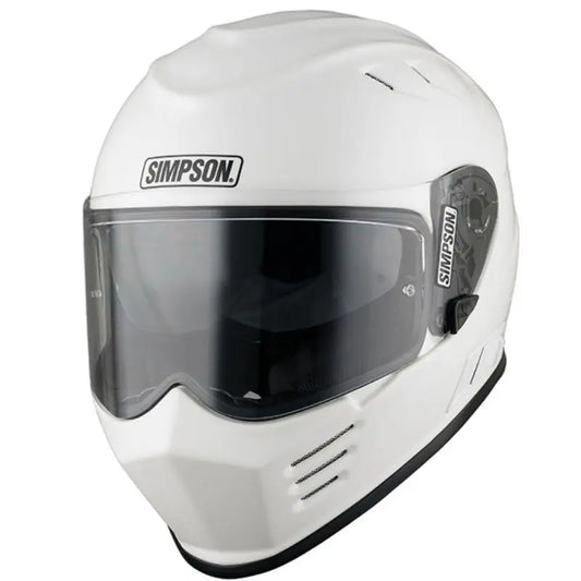 Casque moto intégral Simpson Venom blanc, design agressif et mentonnière anguleuse.