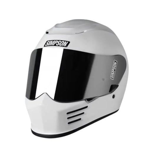 Casque moto intégral Simpson Speed blanc, design iconique, visière claire et fentes mentonnière.