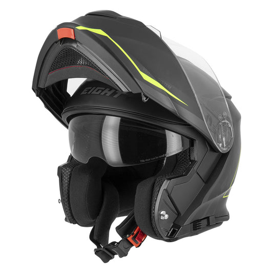 Casque moto Eight modulable noir avec bandes jaunes fluo, visibilité accrue et confort optimal en toutes saisons