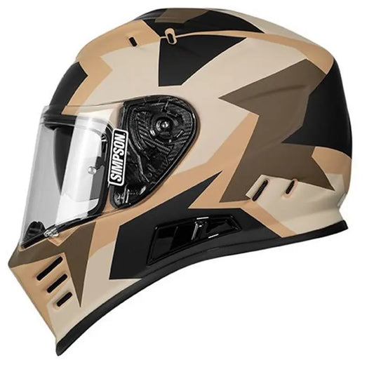 Casque moto Simpson Venom Panzer Tan-Brown intégral, camouflage géométrique mat