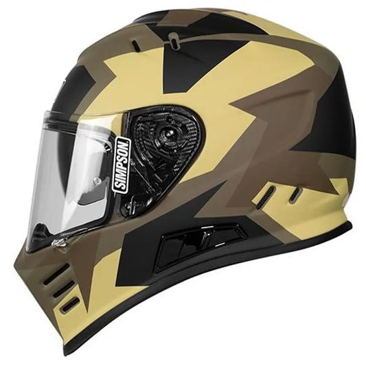 Casque intégral Simpson Venom Comanche camouflage marron vert, style agressif.
