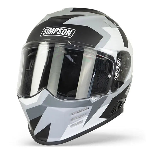 Casque intégral Simpson Venom, design géométrique noir mat, blanc et gris.