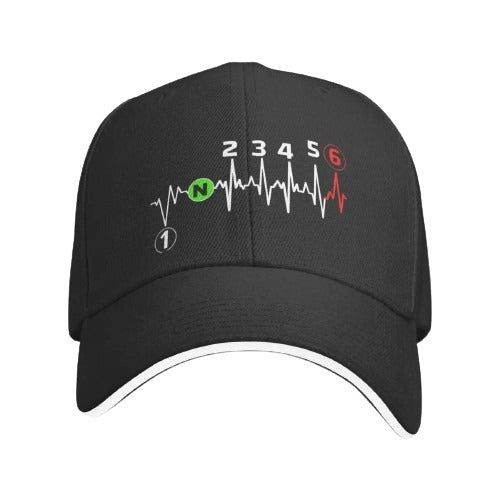 Casquette noire motard avec design boîte de vitesses en forme de rythme cardiaque