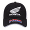 Casquette moto noire Honda HRC avec logo aile brodé blanc et visière courbée