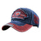 Casquette moto vintage New York bleu marine et rouge, look usé et broderies biker