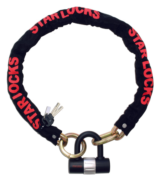 Chaîne antivol moto 1 m avec cadenas Star Locks en acier zingué section carrée et gaine textile noire