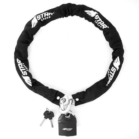 Chaîne antivol moto 1m20 avec cadenas Star Locks en acier zingué et revêtement textile noir