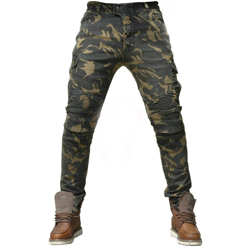 Pantalon moto camouflage militaire en jean pour homme et femme, coupe ajustée respirante