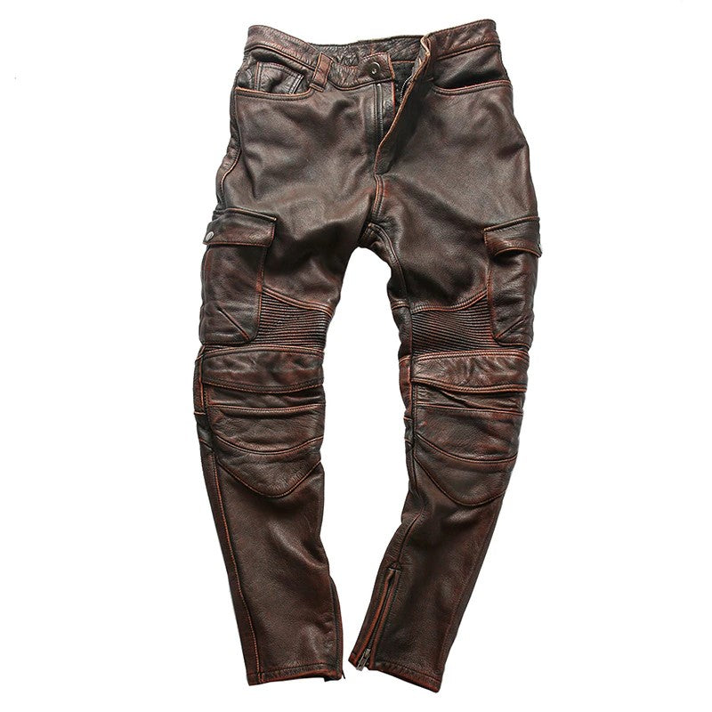Pantalon Cuir Moto Homme Marron Vieilli – Coupe Slim – Cuir Véritable – JACKETZONE 4XL