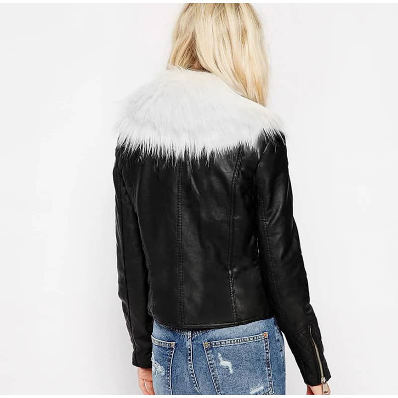 Veste Blouson en Simili Cuir avec Fourrure pour Femme