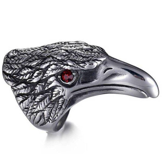 Bague aigle en acier inoxydable pour homme avec œil rouge et détails de plumes