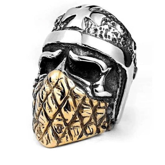 Bague biker en acier inox avec design casque médiéval doré et croix argentée