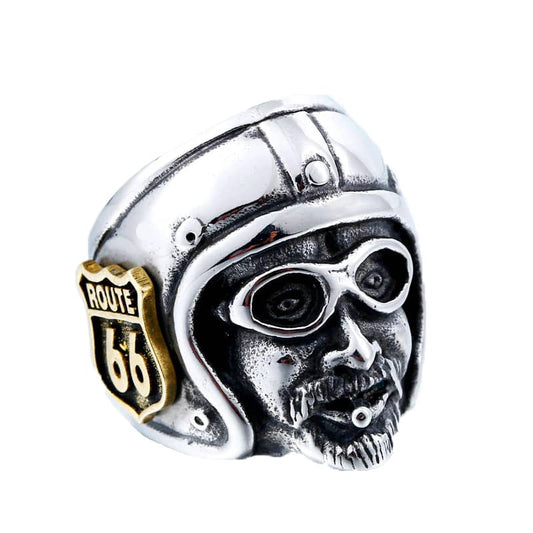 Bague biker en acier avec visage motard et logo route 66 pour homme et femme