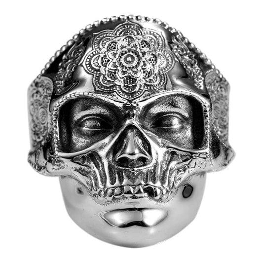 Bague biker skull fleurie en acier inoxydable pour homme au style rebelle et détaillé