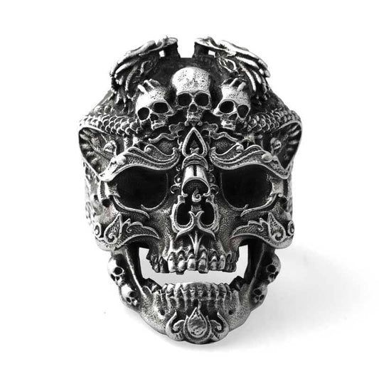 Bague biker homme tête de mort avec dragons et crânes en métal vieilli
