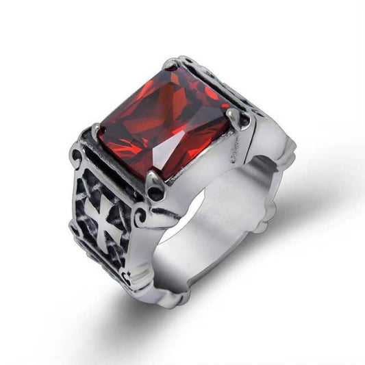 Bague gothique en acier pour homme et femme avec pierre rouge rectangulaire et croix templière