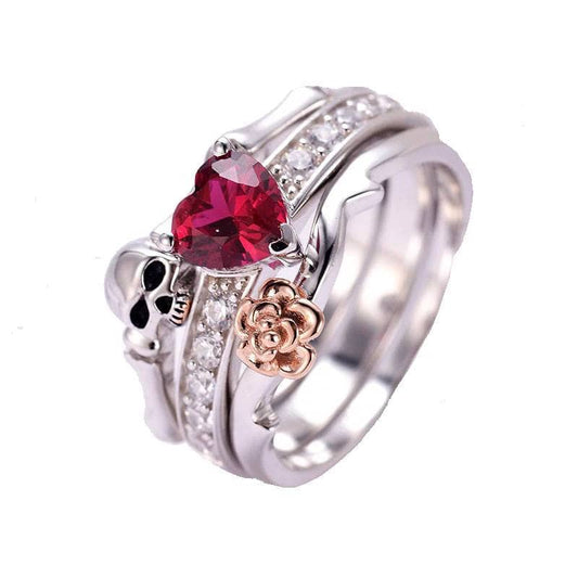 Bague gothique femme en acier avec crâne, cœur rouge et fleur dorée