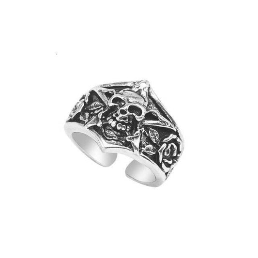 Bague gothique tête de mort en acier inoxydable avec détails roses et crâne, style biker rock ajustable
