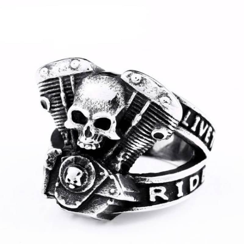 Bague homme en acier style biker avec crâne et moteur live to ride