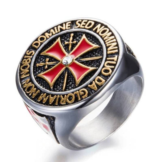 Bague templière pour homme en acier 316L avec croix rouge et gravure latine, style biker médiéval
