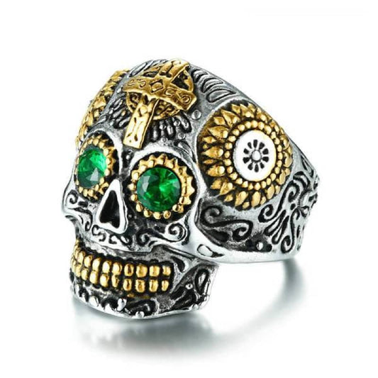 Bague tête de mort acier aux yeux verts style biker pour homme et femme