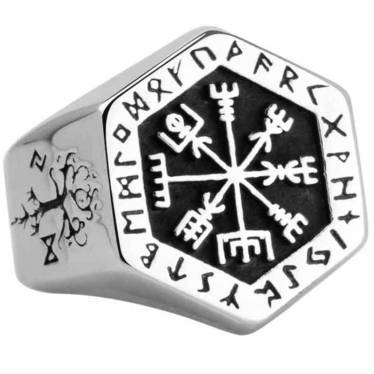 Bague viking pour homme en acier avec symbole vegvisir et runes nordiques