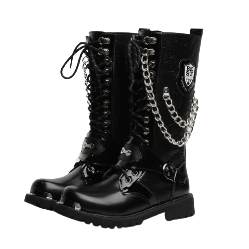 bottes moto biker pour femme en cuir noir brillant avec chaînes argentées et boucles décoratives, style rebelle et féminin