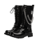 bottes moto biker pour femme en cuir noir brillant avec chaînes argentées et boucles décoratives, style rebelle et féminin