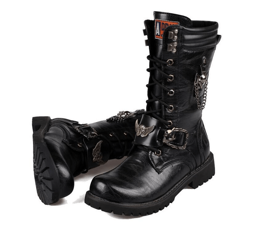 bottes de moto biker pour homme avec tête de mort métallisée, chaînes décoratives et semelle antidérapante, style rebelle affirmé