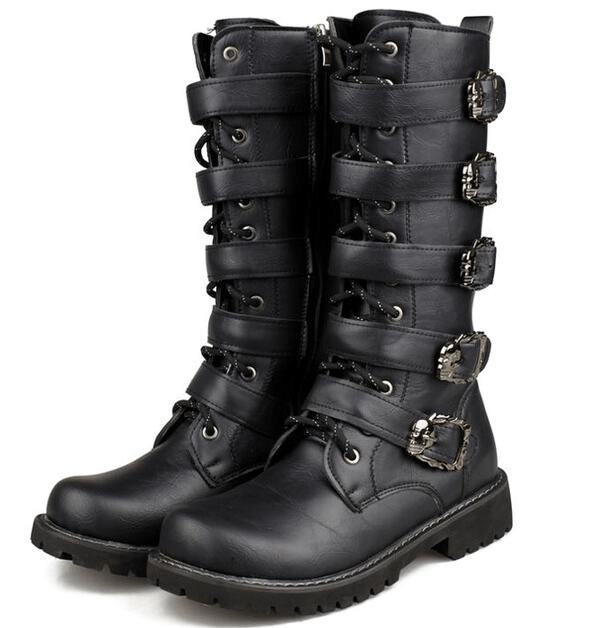 bottes moto biker noires pour homme et femme avec boucles décorées de crânes, cuir PU, semelle antidérapante et style gothique rock