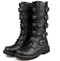 bottes moto biker noires pour homme et femme avec boucles décorées de crânes, cuir PU, semelle antidérapante et style gothique rock