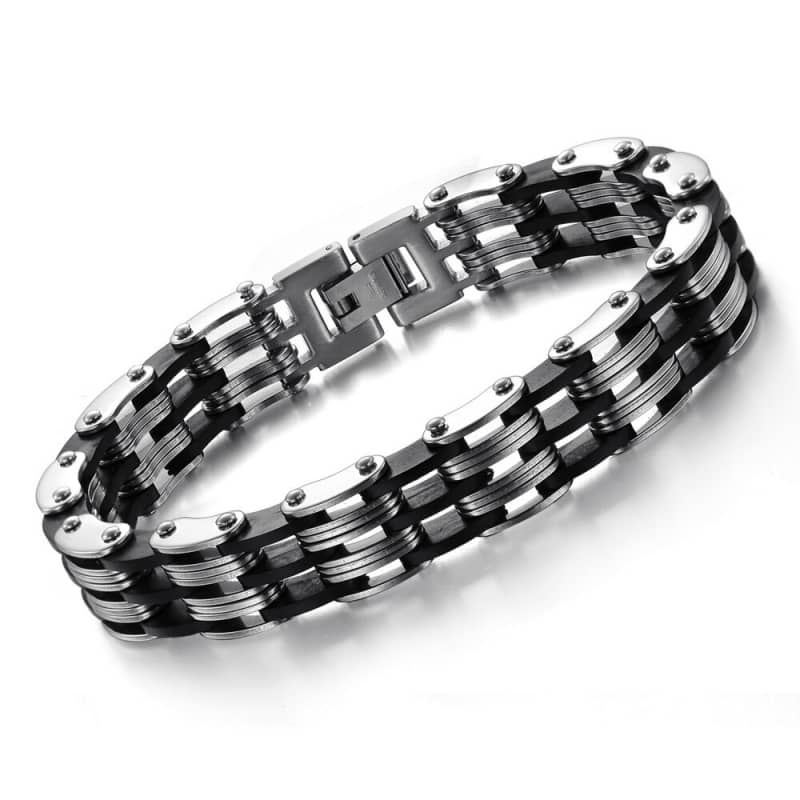 Bracelet biker homme en acier inoxydable et silicone noir, style chaîne de moto