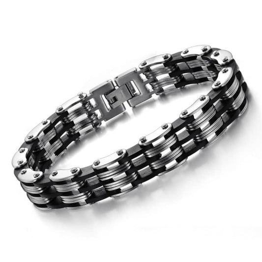 Bracelet biker homme en acier inoxydable et silicone noir, style chaîne de moto