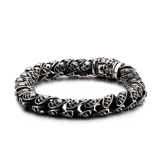 Bracelet homme biker en acier inoxydable 316L avec têtes de mort sculptées