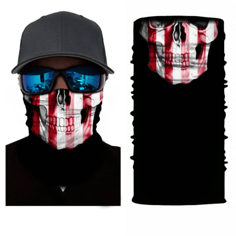 Cache-cou moto motif squelette rouge et blanc, tissu respirant et léger, protection efficace contre le vent, la poussière et les intempéries, style audacieux et unique.