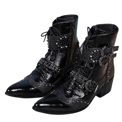 chaussures de motard en cuir noir vachette et porc avec finition reptile, talon surélevé, fermeture zippée et semelle antidérapante