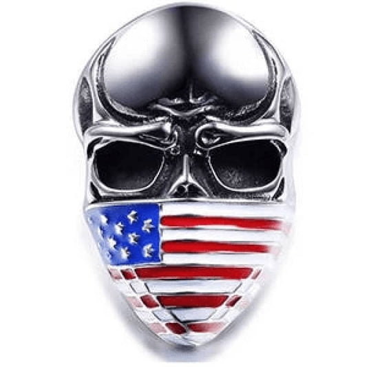 Chevalière biker homme tête de mort avec drapeau USA en acier inoxydable