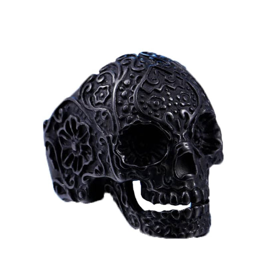 Chevalière tête de mort en acier noir pour homme et femme avec gravures gothiques stylées