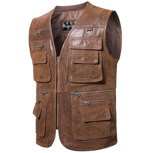 Gilet en cuir marron pour homme motard biker