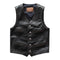 Gilet biker sans manches en cuir noir, coupe classique avec poches et boutons