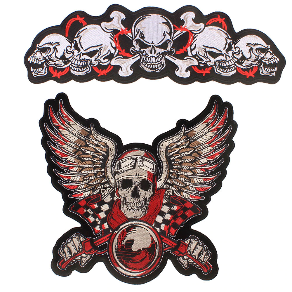 Patch biker tête de mort brodé 3D à coudre sur veste, sac ou gilet moto, style rebelle avec finition textile de qualité supérieure