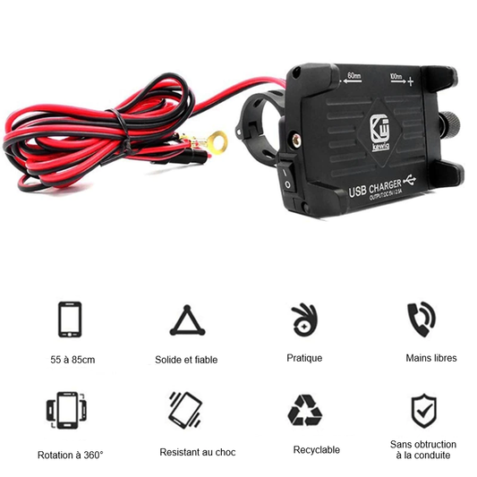 Support téléphone moto avec chargeur USB rapide 5V/2.5A et fixation guidon robuste