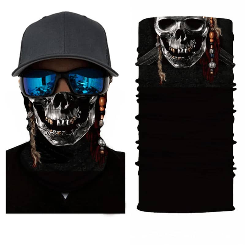 Tour de cou moto motif tête de mort orné de perles et tresses style pirate, tissu respirant et léger, protection efficace contre le vent, la poussière et le froid, look audacieux et rebelle.