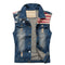 Gilet jean biker homme en denim bleu avec drapeau américain au dos.
