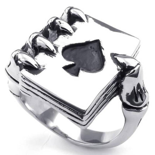 Bague biker homme style cartes à jouer avec griffe et as de pique